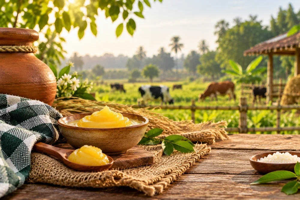 গ্রামবাংলার প্রাকৃতিক পরিবেশে গাওয়া ঘি ও ঐতিহ্যবাহী মাটির পাত্র